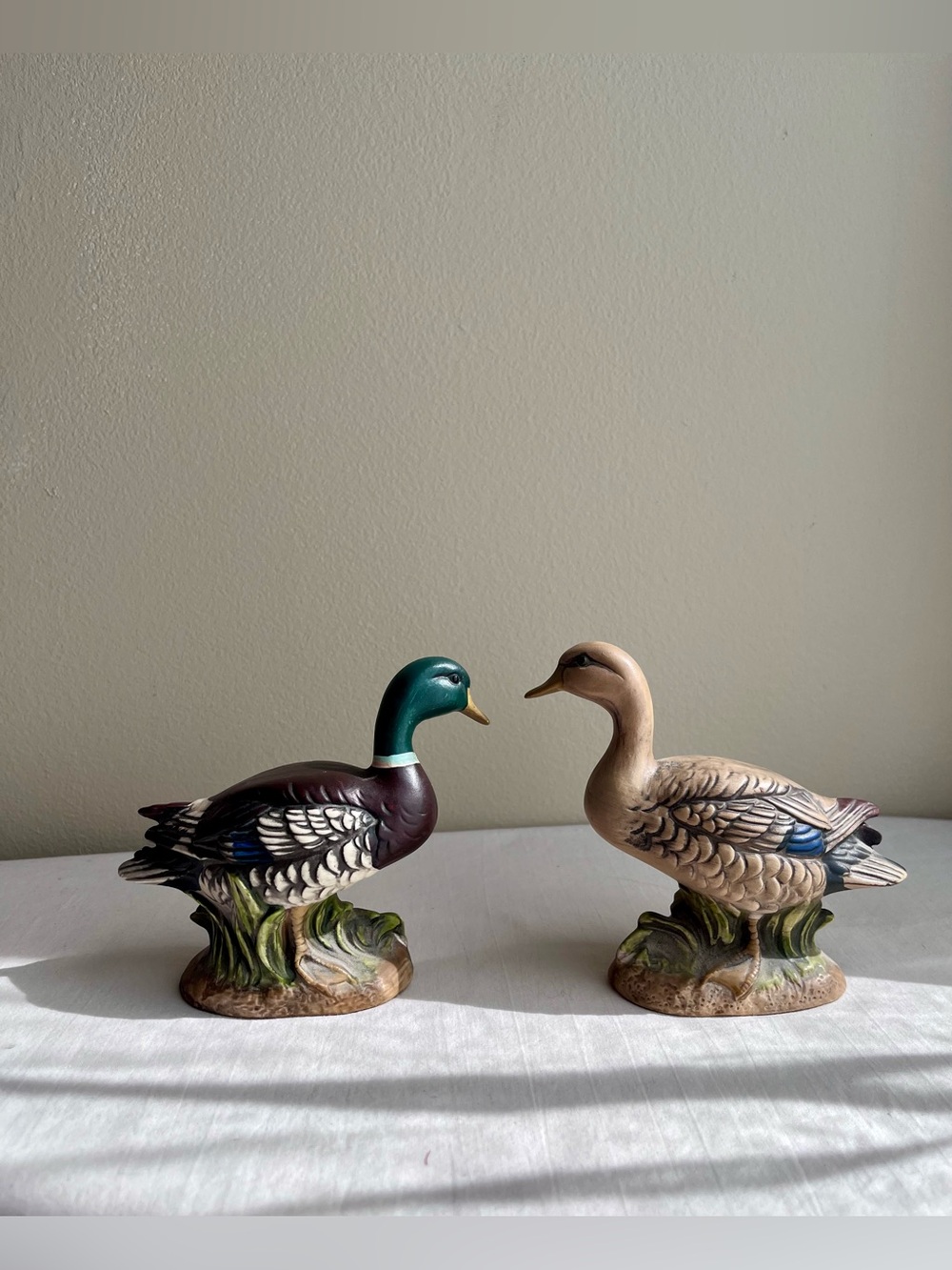 Vintage Mallard Duck Figurine Set – Teal & Beige Home Art